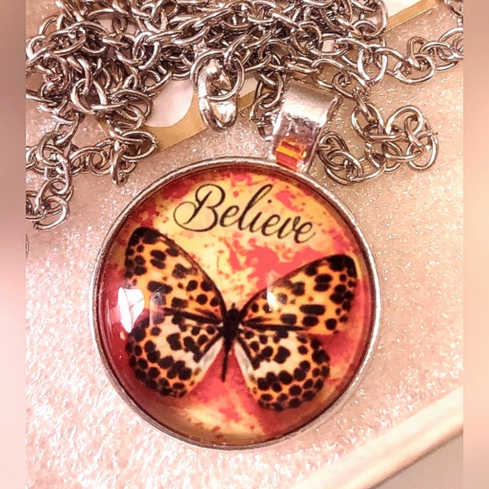 "Believe" Butterfly theme Round Dome Pendant